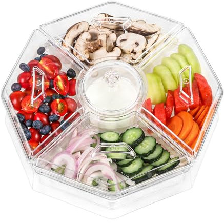 IVYHOME Ice Serving Lazy Susan, Chilled Food Containers with 4 Removable Dishes and Smooth Rotating Tray, Condiment Server with Separate Lids, for Bar Accessories, Fruit, Salad, Taco, Party Garnish
