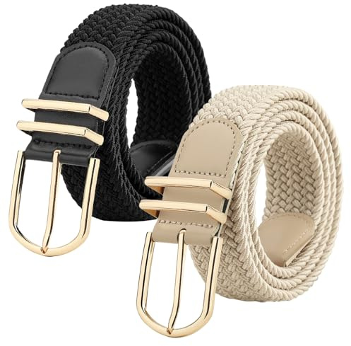 WERFORU 2 stycken tygbälte, stretchbälte, elastiskt flätat bälte, elastiskt stretchigt bälte för jeansbyxor, Svart kaki, Länge 110cm,Passend für Taillenweite 34-37