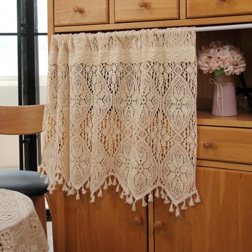 A.Monamour Tenda Corta Piccola Rustico Boho Fiori Di Cotone Vuoto Pizzo All'Uncinetto Semi Trasparente Con Nappe Tendina Tenda da Cucina Bistrot Caffè Mezza Tenda Tenda a Vetro a Pannello Tenda Porta