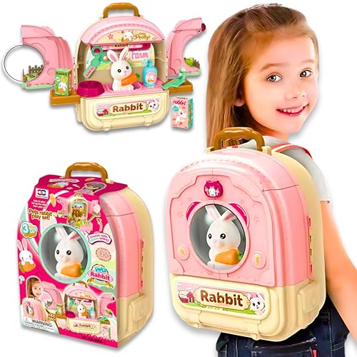 SGM 2-In-1 Educational Preschool Rabbit Shop Pretend Play Backpack Toy - Pet House - Pet Carrying Toy - Carry Case/Backpack, for Toddler Boys Girls 3-8 (008-968A)