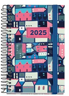 Miquelrius - Dagskalender 2025, 80 x 120 mm, dagskalender, fodrad kartongomslag, Spiral, elastisk gummiförslutning, 80 g/m² papper, katalanska, engelska och portugisiska, villa