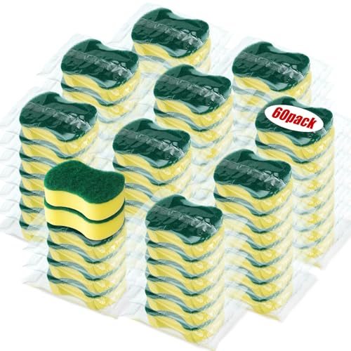 Tanlade 60 Pcs Individually Wrapped Sponges Kitchen Bulk Non Scratch Scouring Sponges for Dishes Household Cleaning Travel Apartments Hotel Car