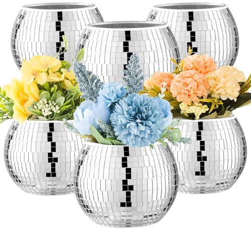 6 Pcs Disco Ball Vase Disco Ball Planter for Centerpieces Disco Ball Decor Flower Vase with Silver Mirror Glass for Wedding, Birthday, Party (4 X 4.7)
