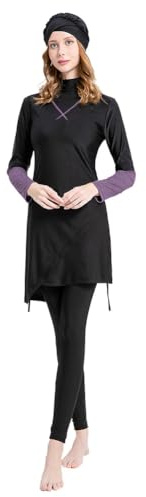 Odizli Modest Swimwear Women Ladies Muslim Burkini Swimming Costume Swimsuit Full Body Long Sleeve Color Contrast Top + Pants + Hijab 3pcs Islamic Rash Guard Longer Length Bathing Suit Purple XL
