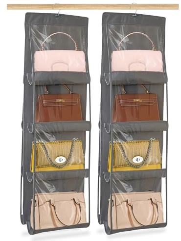 WANDGU 2 Pezzi Porta Borse da Armadio: Borsa Organizzatore Armadio con 8 Tasche Grigio Non Tessuto, Porta Borse da Armadio da Appendere Pieghevole e Universale per Cameretta da Letto