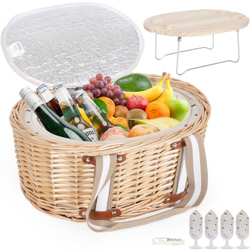 Zettfuly Picknickkorb-Set für 4 Personen – Isolierter Weidenkorb mit klappbarem Weintisch, Picknickset mit Innenfutter für Paare, Camping, Outdoor, Valentinstag (Kirsche)