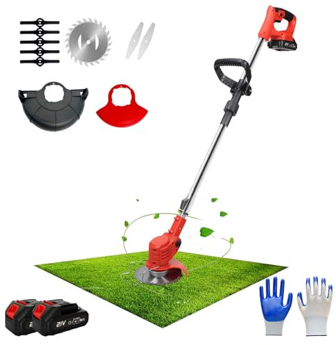 Hooha Elektrischer Rasentrimme Leichter Freischneider Motorsense Akku 2 x 21V Cordless Grass Trimmer Gartentrimmer mit Scharfe Messer/Handschuh/Hilfsgleitrad für Rasenpflege & Unkrautbeseitigung