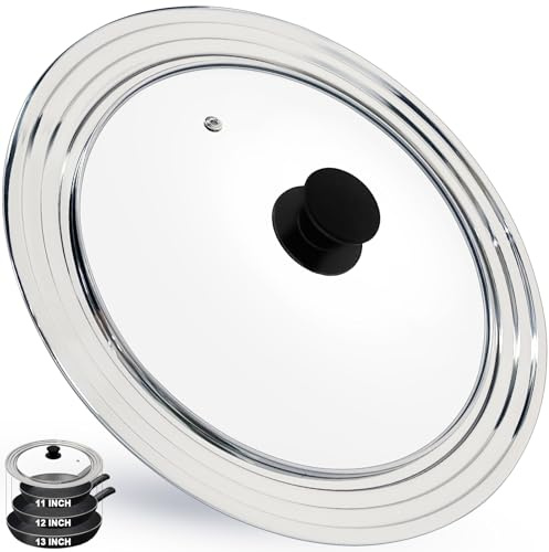 13 Inch Large Universal Pan Lid, Stainless Steel Pots Lid Fit 11, 12,13 Inch Pots and Pans, Heat Resistant Stainless Steel and Tempered Glass Lid, 13 In Frying Pans Lid