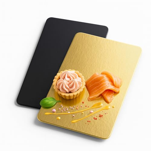 Lote de 25 soportes para tartas rectangulares | 23 x 16 cm | Reversible | Negro y Dorado | Base para tartas perfectas para pastelería | Tarta y galletas | Tabla de salmón | 2 mm de grosor