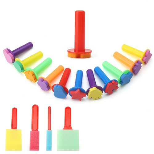 UOCAI 16 Piezas Pinceles Niños Esponjas de Pintura Pinceles de Espuma Pinceles de Pintura de Espuma para Aprendizaje Temprano Pinceles para Arte Y Manualidades de Niños, Kits de Bricolaje