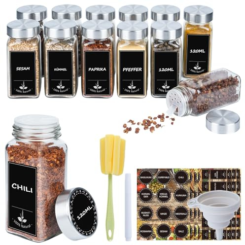 Gewürzgläser Eckig 12er Set 120ml – Gewürzdosen mit Streueinsatz, luftdichtem Schraubdeckel, Inkl. Trichter, Etiketten, Marker & Reinigungsbürste, Gewürzbehälter Glas für Küche & Schublade, Edelstahl