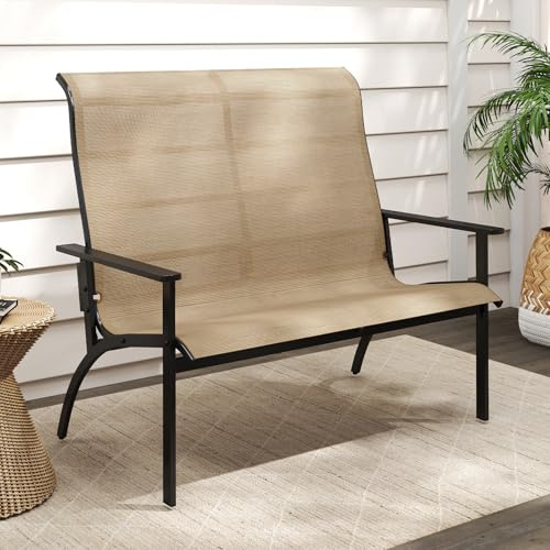 GIANTEX Panca da giardino resistente alle intemperie, per 2 persone, per balcone, terrazza, con schienale alto e braccioli, per esterni, portata fino a 400 kg, 120 x 81 x 106 cm, marrone