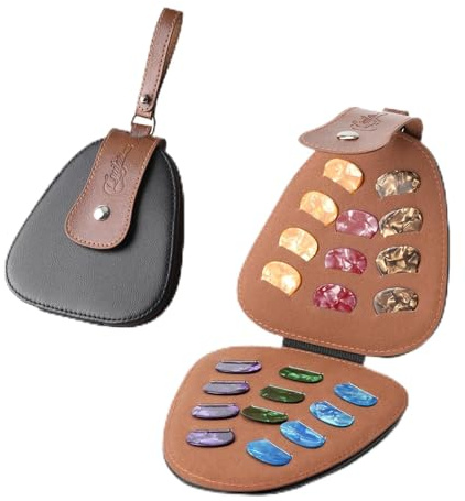 Guitar Picks Holder for Acoustic Electric Guitar Accessories, Variety Pack Picks Case Pouch, PU leather Sleek Vintage Pick Bag with Handle, Music Gift for Guitar Players (Olny Case)