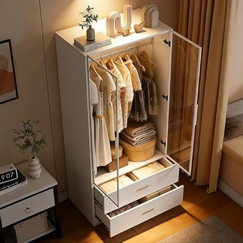 Armoire Penderie Chambre avec Miroir et Éclairage LED 3 Couleurs, Dressing 2 Portes en Verre Trempé avec 2 Tiroirs et Barre à Vêtements, Armoire de Rangement Moderne Gain de Place 80 x 50 x 180 cm