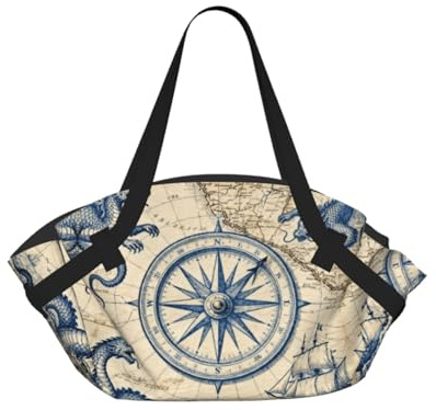 CNTDBU Borsa da picnic 2 in 1 con mappa vecchio stile, pieghevole, impermeabile, tappetino rotondo per spiaggia, parco, borsa da campeggio portatile con tasche portaoggetti per avventure all'aperto