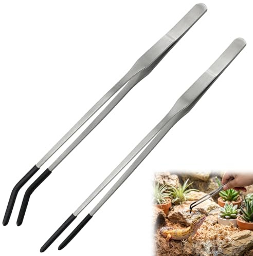 SouStar Reptile Feeding Tongs 27cm, Extra Long Stainless Steel Aquarium Tweezers with Rubber Tips, 2PCS Straight and Curved Terrarium Tools for Snake, Lizard, Gecko, Fish Tank Aquascaping Accessories