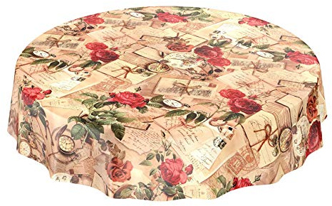 Oldtime rosor vaxad bordsduk, tvättbar, beige, 100 cm, vaxduk, flerfärgad, rund, 140 cm