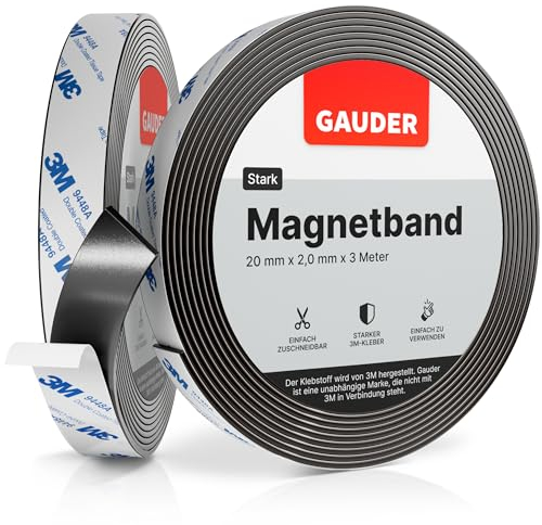GAUDER Magnetic Tape with 3M Adhesive - Strong Self-Adhesive Magnet Strip - Cuttable Magnetic Tape Roll with Reliable Attraction & 3M Backing (3 m x 20 mm)