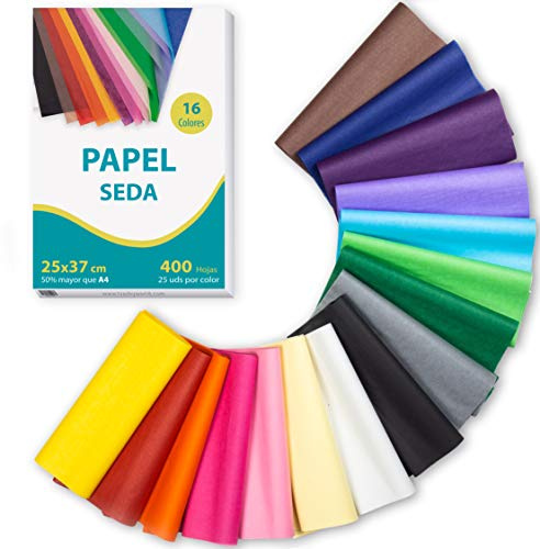 400 hojas Papel de seda 16 colores, 25 x 37cm (Más grande que A4) tisú, para envolver, patrones costura, manualidades. Libre de ácidos