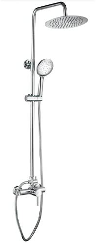 VALAZ Columna Ducha Monomando Cromado | Mezclador Agua Fría y Caliente, Ahorro de Agua | Instalación Fácil y Rápida | Inoxidable, Redonda, Longitud 80-120 cm, Rociador 20 cm, Serie Ebro