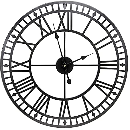 Taylor & Brown Vintage Large 60cm Wall Clock Round Metal Silent Non-ticking Battery Operated Black Roman Numerals Clocks for Home, Office, Indoor, Outdoor Garden