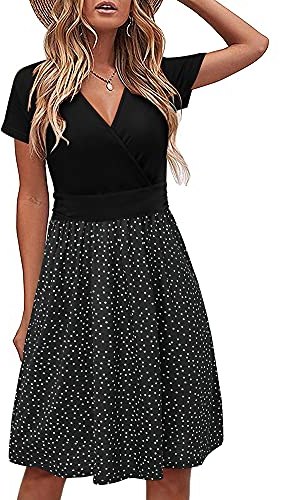 STYLEWORD Damen Sommerkleid Kurzarm V-Ausschnitt Kleider Blumenmuster Kleid Strandkleid Mit Taschen(floral08,Mittel)