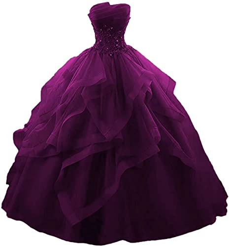 WSEYU Lång volanger balklänning Quinceanera klänningar axelbandslös spets tyll pärlstav prinsessa aftonklänning, Plommon, 56 SE/Plus