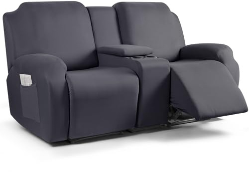 TAOCOCO Reclining Loveseat with Middle Console Slipcover, 4 Piece Polyester Fabric Stretch Loveseat Reclining Sofa Covers (Dark Gray, 2 Seat Recliner Cover with Console)