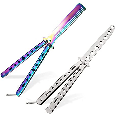 Dfuqanb 2 Piezas Peine de Metal de Entrenamiento, Navaja mariposa, Entrenador de Mariposas, Peine de Mariposa de Acero, Cuchillo de Entrenamiento Balison, practica trucos de volteo para principiantes