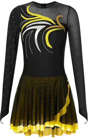 Oyolan Robe Patinage Artistique Gymnastique Femme Justaucorps Danse Strass Manches Longues Tenue Performance Costume S-XXL A Jaune M