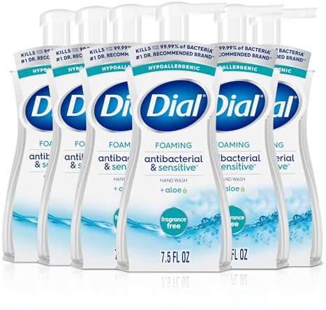 Dial Antibacterial Defense Foaming Hand Soap + Aloe, Fragrance Free, 7.5 Fl Oz (Pack of 6), Dermatologist-Tested Hand Wash, Gentle on Skin