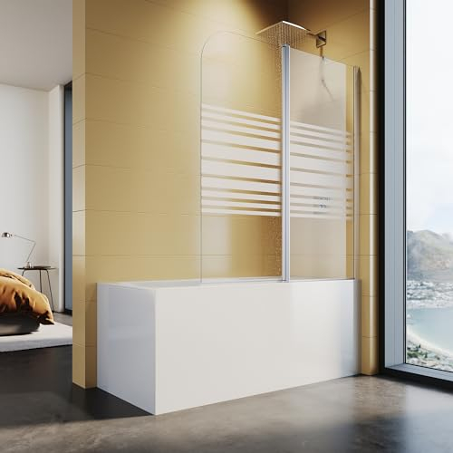 SUNXURY Duschwand für Badewanne 120x140cm Dekor Querstreifen, Milchglas Badewannenaufsatz mit Stabilisator, 5mm ESG Sicherheitsglas