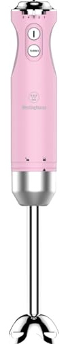 Westinghouse Retro stavmixer, 4 hastigheter, turbofunktion, 2 vingknivar, rostfritt stål, ergonomiskt handtag, avtagbar stång, förvaringsväska, 600 watt, rosa