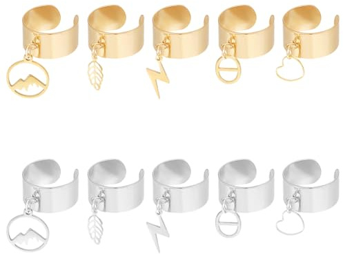 UNICRAFTALE 10 pièces 2 couleurs 5 styles Bague Breloques Acier Inoxydable Bagues pour Femme Bagues Gothiques Feuille Foudre Coeur Pendentif Bague Réglable Ouverte pour Cadeaux la Saint-Valentin
