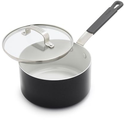 GreenPan x Bobby Flay 2.5QT Nonstick Saucepan with Glass Lid, PFAS-Free Diamond Ceramic, Induction Suitable, Stay-Cool Silicone Handle, Easy Clean Dishwasher & Oven Safe, Chef Pan, Graphite