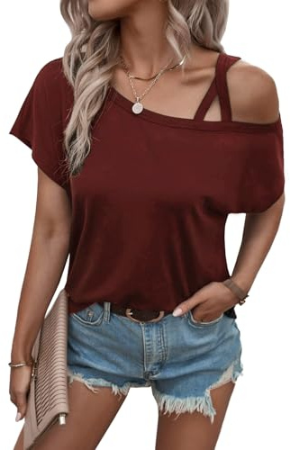 Rayson T-Shirt à Manches Courtes pour Femme DéContracté Chemises Top Licou à Une éPaule Col Rond Pull Over