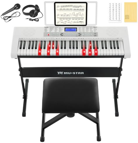 61 Key Piano Keyboard, Electric Keyboard Piano with Light-Up Keys, 255 Tones/Rhythms, Smart Learning System, Headphone, Microphone, Keyboard Stand, Stool, Stickers, 61 Keyboards Set for Beginners