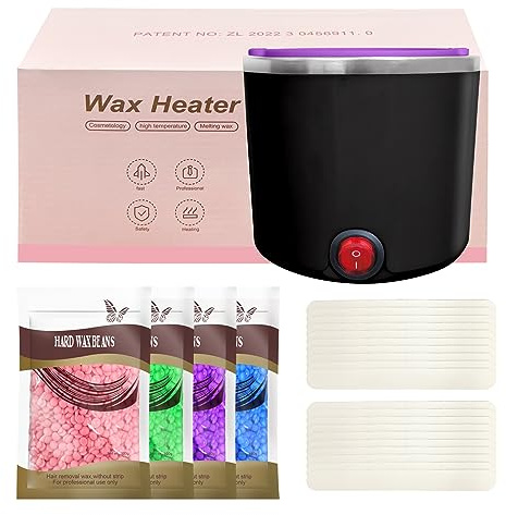 Mini calentador de cera depilatoria, maquina cera caliente depilación con recipiente de silicona de 200ml, Kit completo de 4 bolsas de perla de Cera, 20 Espátulas (negro, redondo)