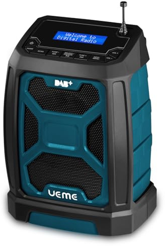 Baustellenradio DAB Mit Akku Aufladbar (6000mAh), DAB+, FM Radio, Bluetooth 5.0, Dual Radiowecker, Aux, Starkem Empfang, Robustes Gehäuse, Spritzwassergeschützt, Akku- und Netzbetrieb (Blau)