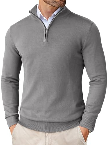 COOFANDY tröja herr 1/4 dragkedja hals polotröja turtleneck stickad tröja finstickad tröja vintertröja långärmad, GRÅ, 3XL