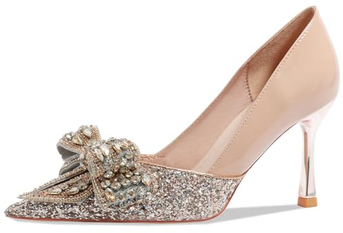 Zapatos de tacón de Punta Fina con Cristales 7.5cm Tacón de Aguja Zapatos Brillantes con Lazo de Strass Zapatos de Fiesta Tallas 34-44,Champagne,37 EU