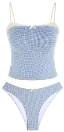 ZAFUL Womens Tankini Swimsuits Vintage Y2K Two Piece Bathing Suit 2026 Beach High Cut Tankini Set Swimwear,Plaid Blue,L