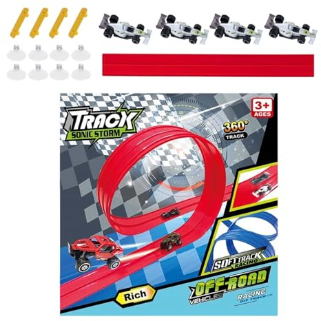 Vhjlfig Autorennbahn Inklusive 4 Autos Mit Gleitmechanismus PP 390x8x1cm Flexible Rennstrecke Für Kinder Spielzeug-Rennbahn Für Und Mädchen Garten Indoor Outdoor Klassenzimmer