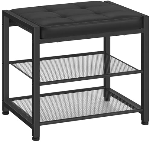 HOOBRO Small Shoe Bench, 3-Tier Shoe Rack, Shoe Storage Bench with PU Seat Cushion, Entryway Shoe Rack Bench with Metal Mesh Shelves, Freestanding Shoe Organizer for Hallway, Black EBB33RHX01