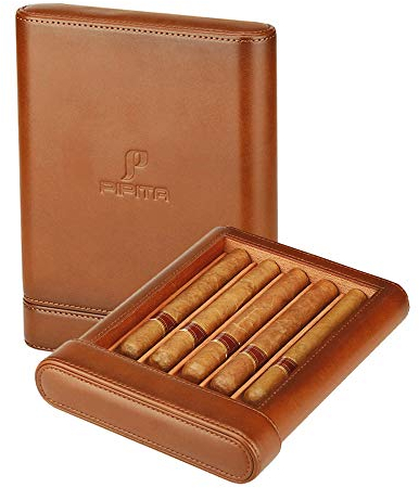 PIPITA Portable Travel Humidor,Elegant Leather Cigar Humidor Cedar Wood Lined with Humidifier for 5 cigars (Cigars not included)