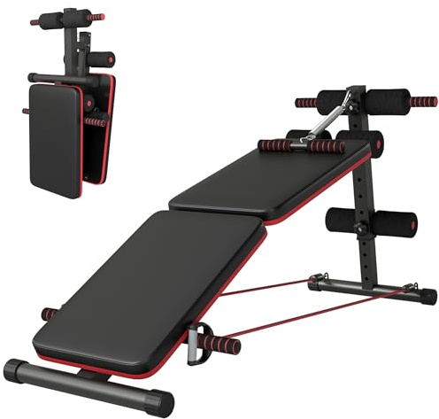 HOMCOM Panca per Addominali Pieghevole e Regolabile per Allenarsi a Casa, Panca Palestra Multifunzione con Votagore a molla e 2 Corde Elastiche, in Acciaio e Imbottitura Nera e Rossa 51x137x50-66cm