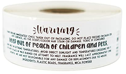 Boutique Marketing LLC Freshie Warning Label Stickers | 350 Per Roll | 1.1 x 3.5In inch Label Stickers | Car Freshie Supplies | White with Black Design, CC-FRESHIE-S-W-282