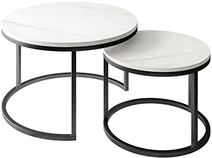 lukmebel Ciri Runder 2in1 Couchtisch – Set aus Zwei Teilen – Satztische Wohnzimmer – 70x48x70/80 cm & 50x42x50/60 cm – Levanto-Marmorplatten auf schwarzem Metallsockel