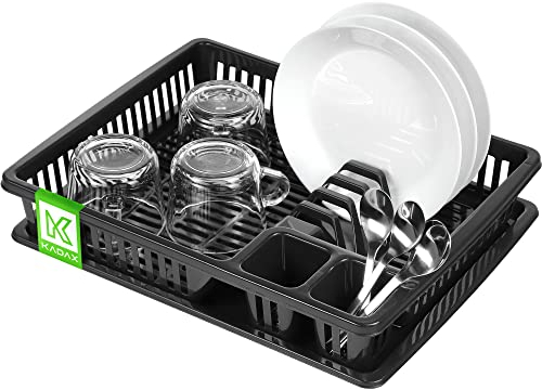 KADAX Scolapiatti da Appoggio con Portaposate e Vaschetta Raccogligocce in Plastica, Scolapiatti da Cucina per Piatti e Bicchieri (Antracite, 38 x 30 cm)