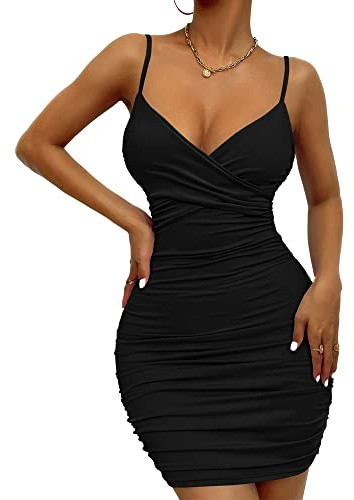 BKEPDY Sexig Mini Klänning Kvinnor Kort Spaghetti Strap Djup V-hals Bodycon Kväll Ärmlös Frontslits Bandage Svart Sommar Axel Klänning Clubwear Party